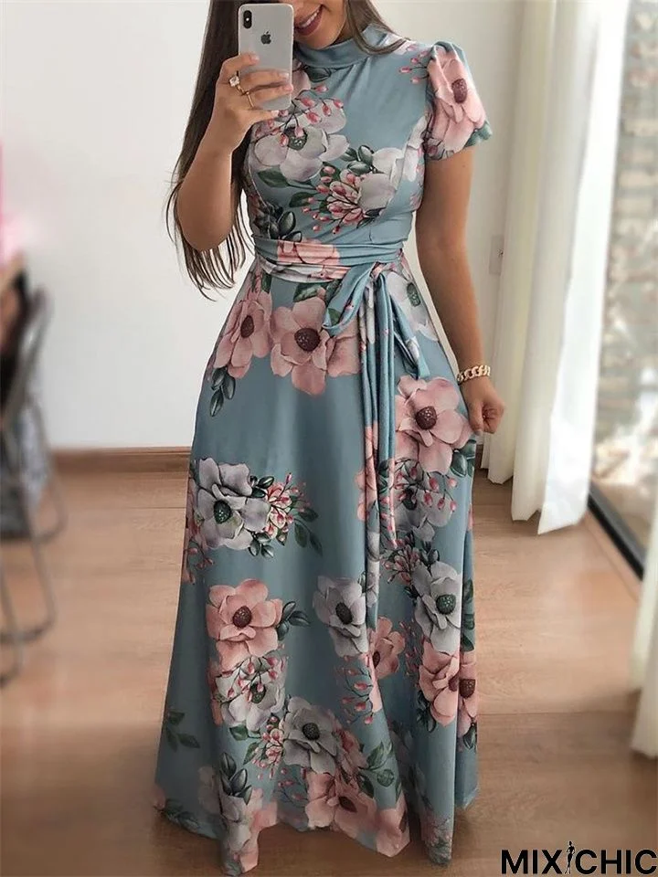 Flower Print Short Sleeve Large Swing Dress