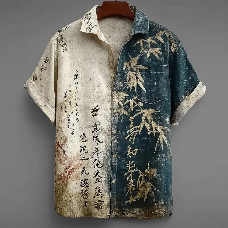 Japanese Art Retro Line Art Linen Casual Short-sleeve Shirt