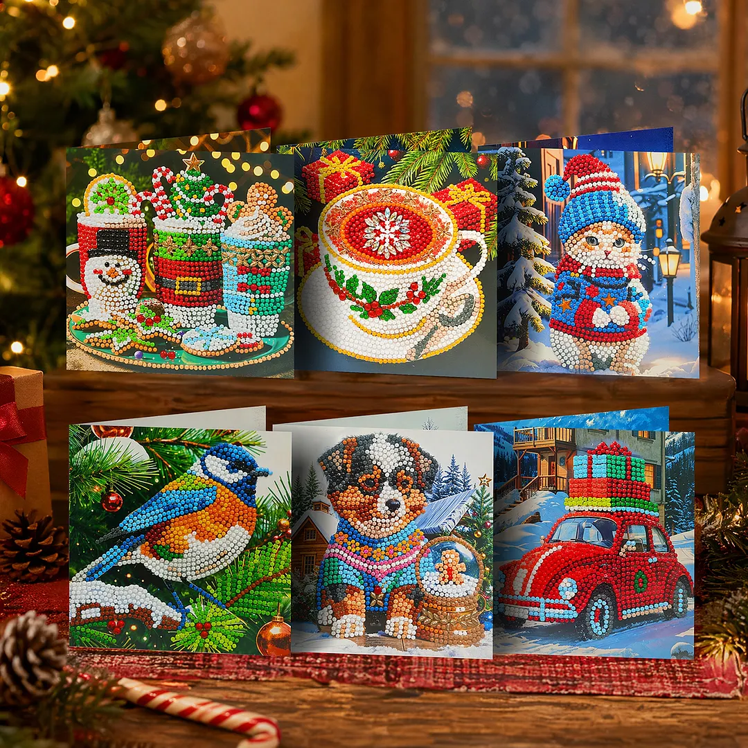 6pcs Winter Christmas DIY Diamond Painting Greeting Card Kits with Envelopes Diamond Art Greeting Cards Diamond Art Cards Kits for Adults DIY Crafts Family Friend Gifts