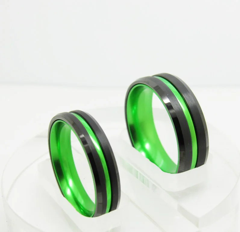 6MM 8MM Tungsten Black Inner Set Green Aluminum Couple Womens Or Mens Grooved Wedding Rings