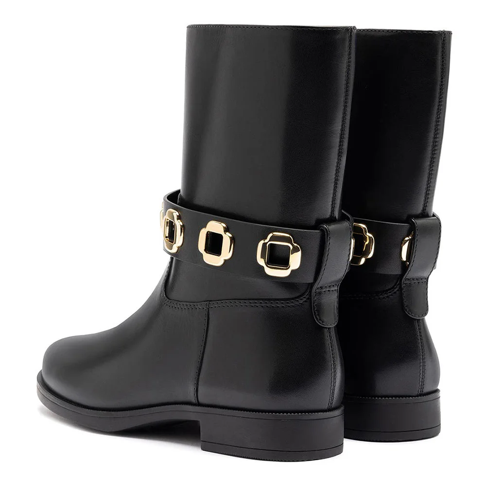 Classic Black Vegan Leather Hardware Decor Flat Booties for Women