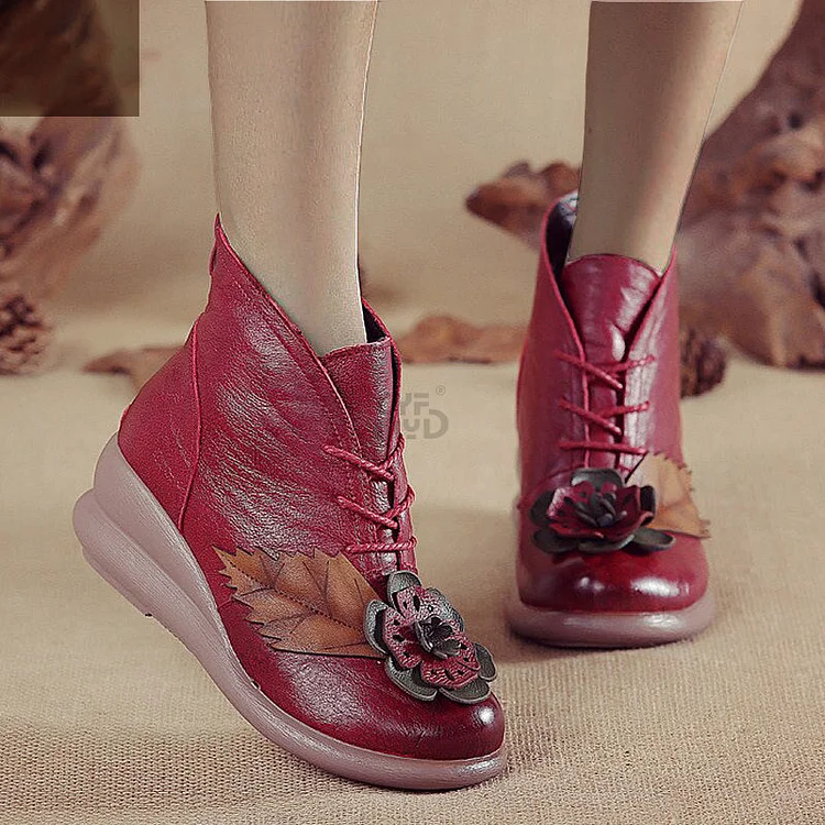 Ankle Boots Women Winter Genuine Leather Three-dimensional Flowers Platrorm Warm Wedge Boots QueenFunky