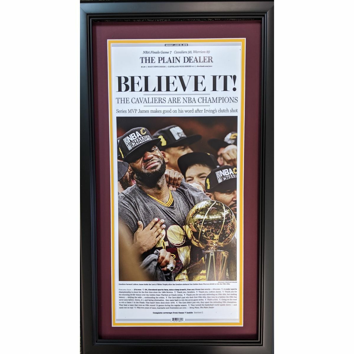 Framed The Plain Dealer Believe It Cavaliers 2016 Champs Newspaper 17x27 Photo Poster painting