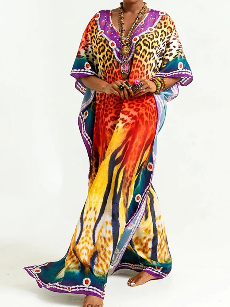 Fitshinling Leopard Print Oversize Beach Long Dress Women Holiday Boho Batwing Sleeve Robe Kaftan Side Split Straight Dresses
