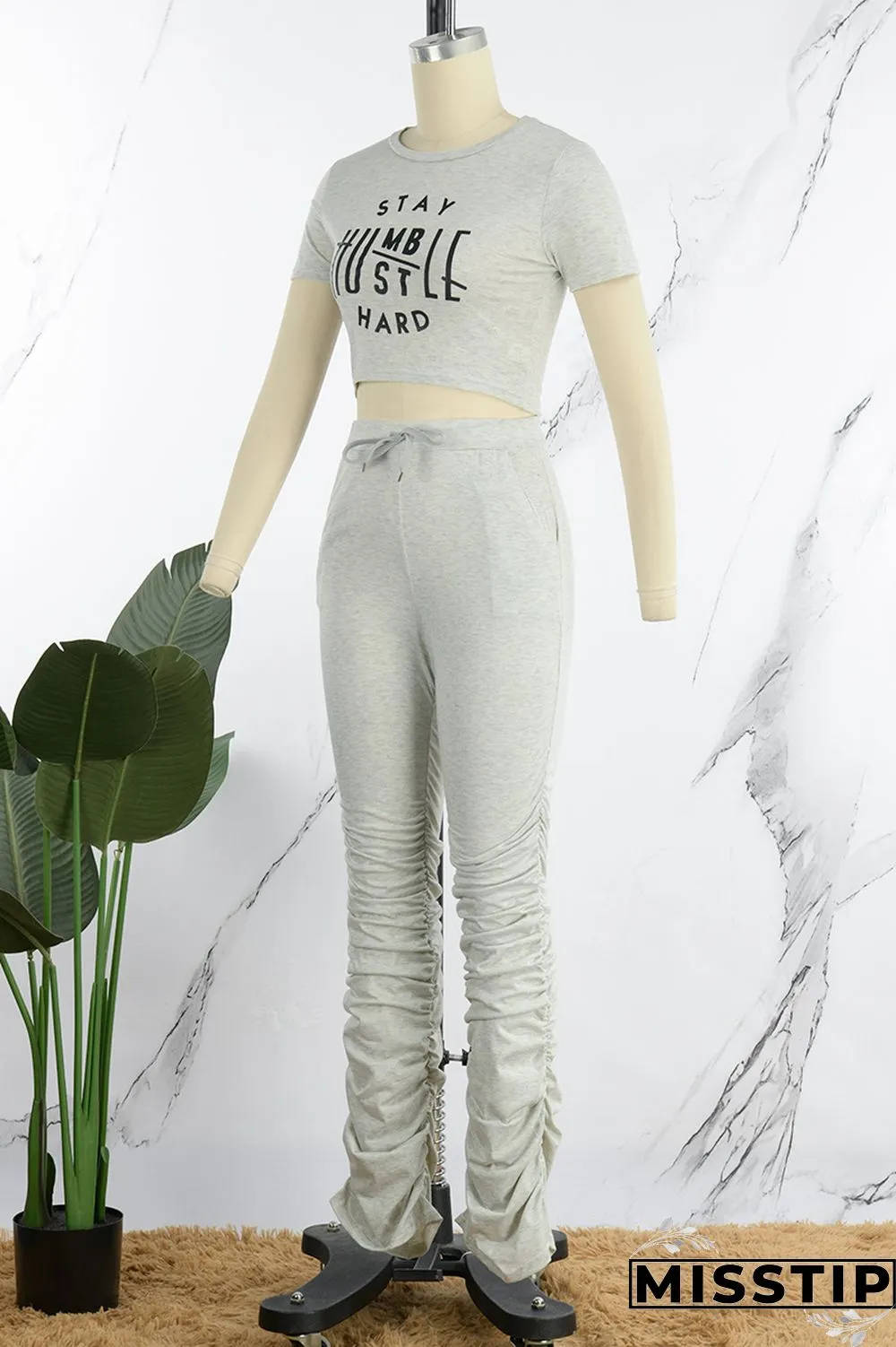 Cream White Casual Print Fold Pants O Neck Short Sleeve Two Pieces
