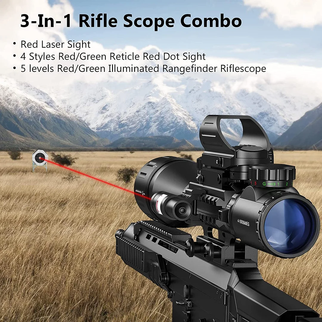 ohhunt® 4-16x50 AO Tactical Rifle Scope Dual Illuminated Optics & Illuminated Reflex Sight 4 Holographic Reticle Red/Green Dot Sight & IIIA/2MW Laser Sight