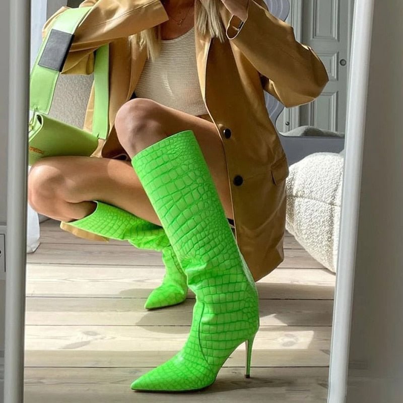 Women's Boots Spring Knee High New Pointed Toe Ladies Long Ultra-high Heel Boots Fluorescent Green Stone Banquet High Boots 2022