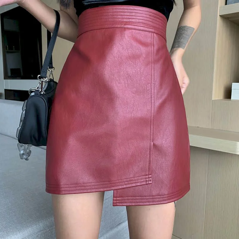 PU Leather Mini Skirt Women Skirts High Waist Irregular Short Women's Skirts 2021 Autumn Winter New Thin A-line Skirt Bag Hip