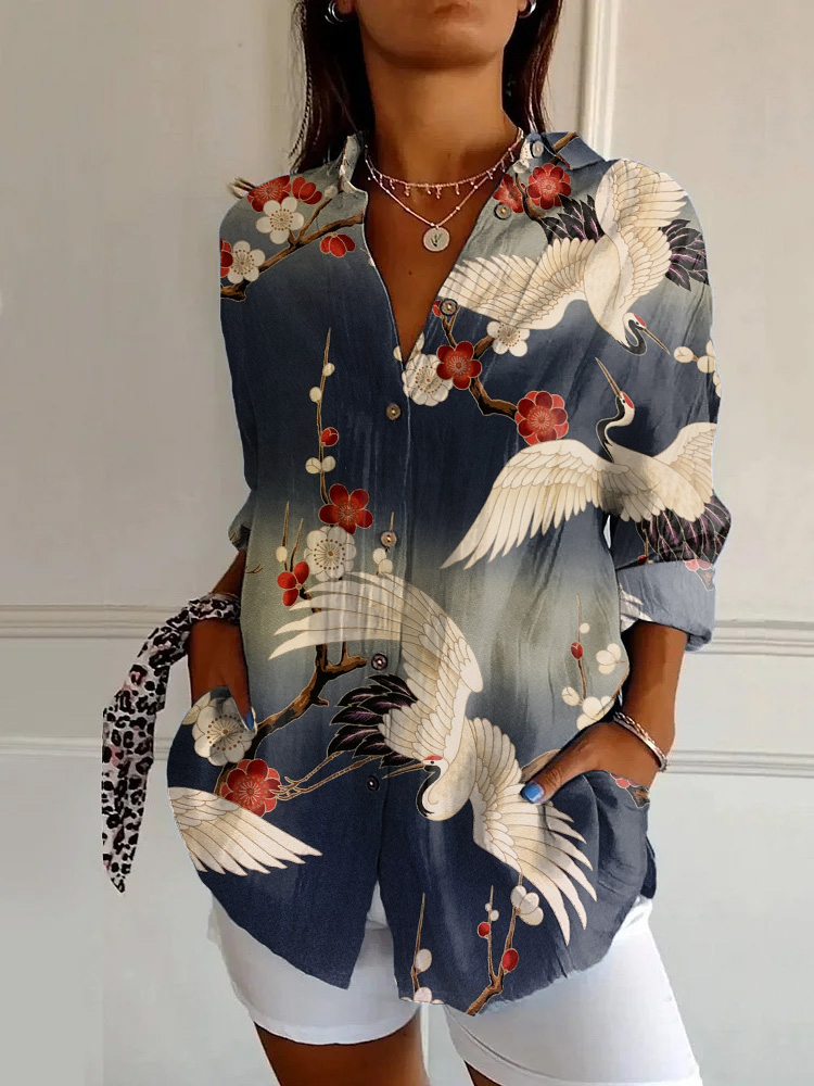 Japanese Classic Crane Print Casual Long-sleeved Shirt