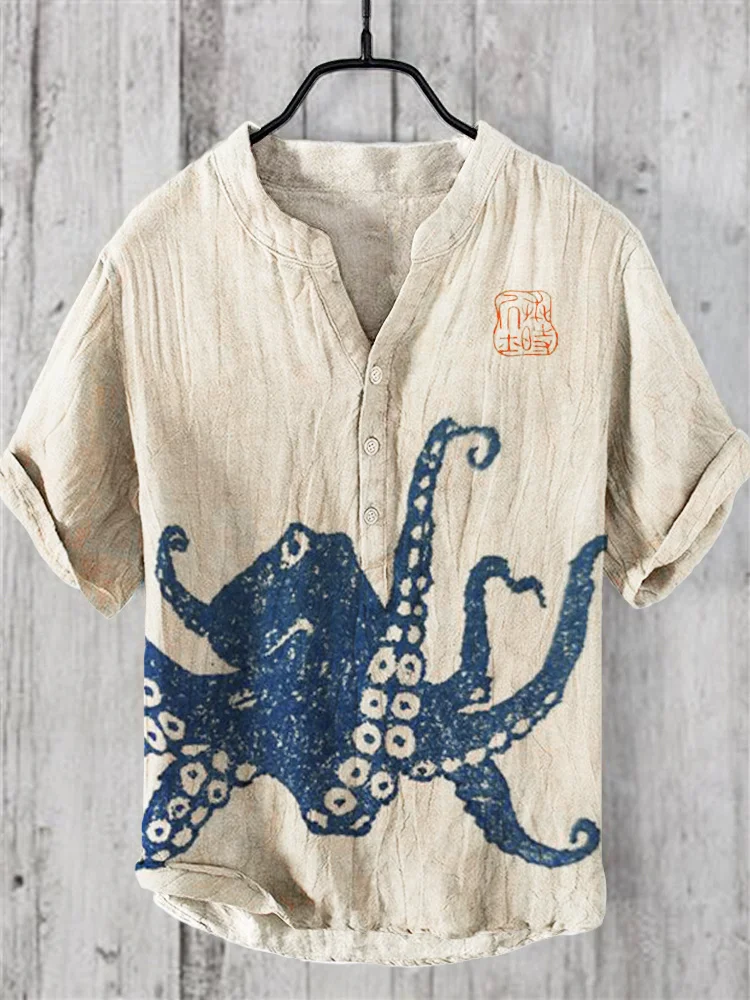 Ocean Octopus Print Linen V-Neck Short Sleeve Shirt