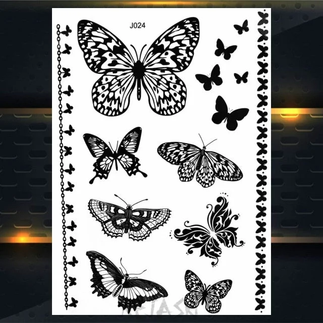 REJASKI Black Henna Lace Temporary Tattoos Sticker For WOmen Butterfly Moth Mehndi Flower Fake Tatoo Sticker Feather Flora Tatoo