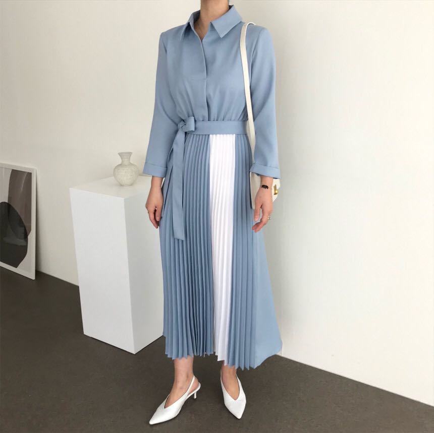 ベルト付き ギャザー 長袖 デート ファッショナブルワンピース