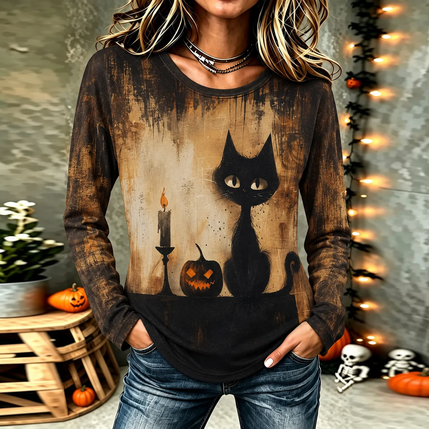 Comstylish Women's Vintage Gothic Halloween Cat Print Comfy Print Long Sleeve Tshirt