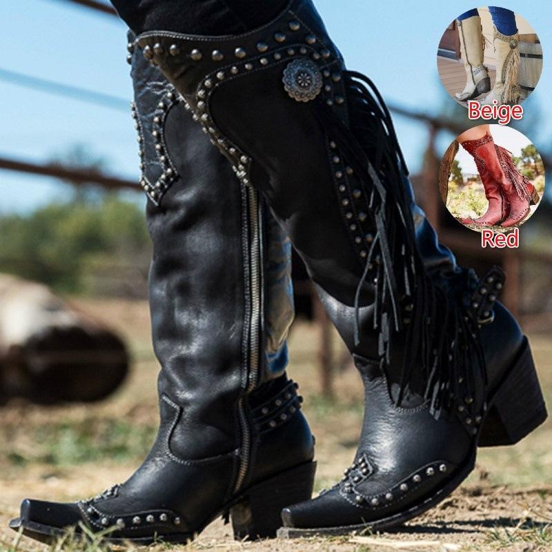 GOOSHOE Square Toe Chunky Heel Side Zipper Rivet Sweet Boots