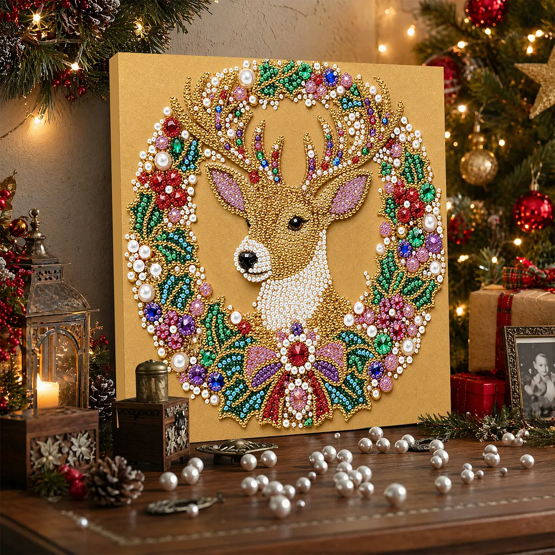 Christmas Reindeer Wreath Framed Pearl Painting Kit 25x25cm for Adults