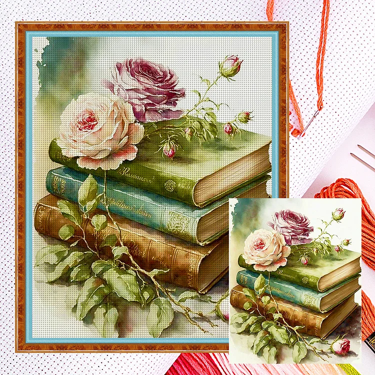 Flowers On Book 11CT Counted Cross Stitch 40*50CM