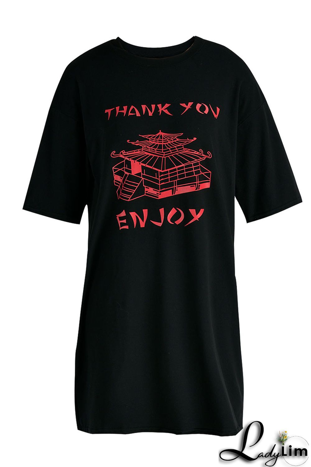 Black Fashion Casual Print Basic O Neck Short Sleeve Dress