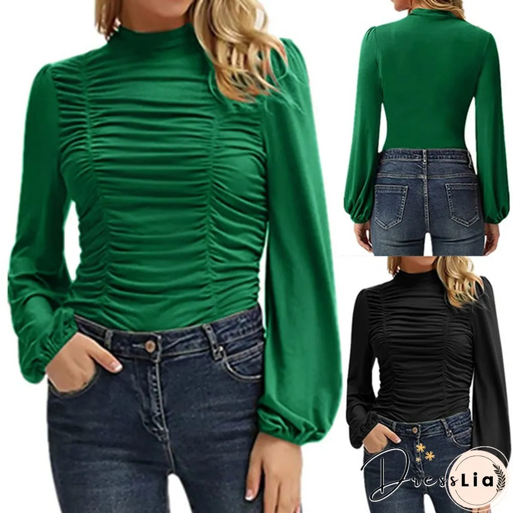 Blouses For Women Fashion Casual Long Sleeve neck fitted ruched elegant blouse