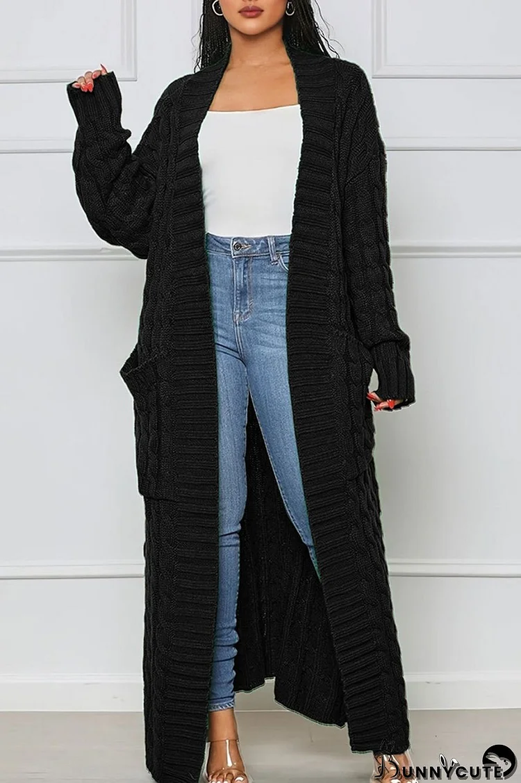 Black Casual Street Solid Slit Cardigan Weave Outerwear