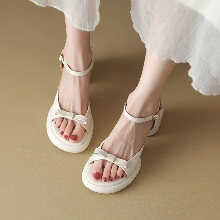 Churchf Churchf Summer New Vintage Sandals One Line Buckle Beach Sandals Round Head Bow High Heel Sandals Women