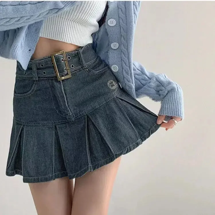 Huibahe Denim Pleated Mini Skirt Vintage Sexy High Waist A-line Belt Women Embroidery Jean Short Skirt Summer Japanese Y2k