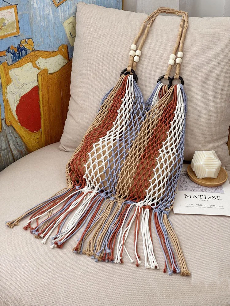 Lulusnow Handmade Blue White Orange Tassels Beach Summer Bag Crochet Shoulder Bag  Minimalist Lifestyle