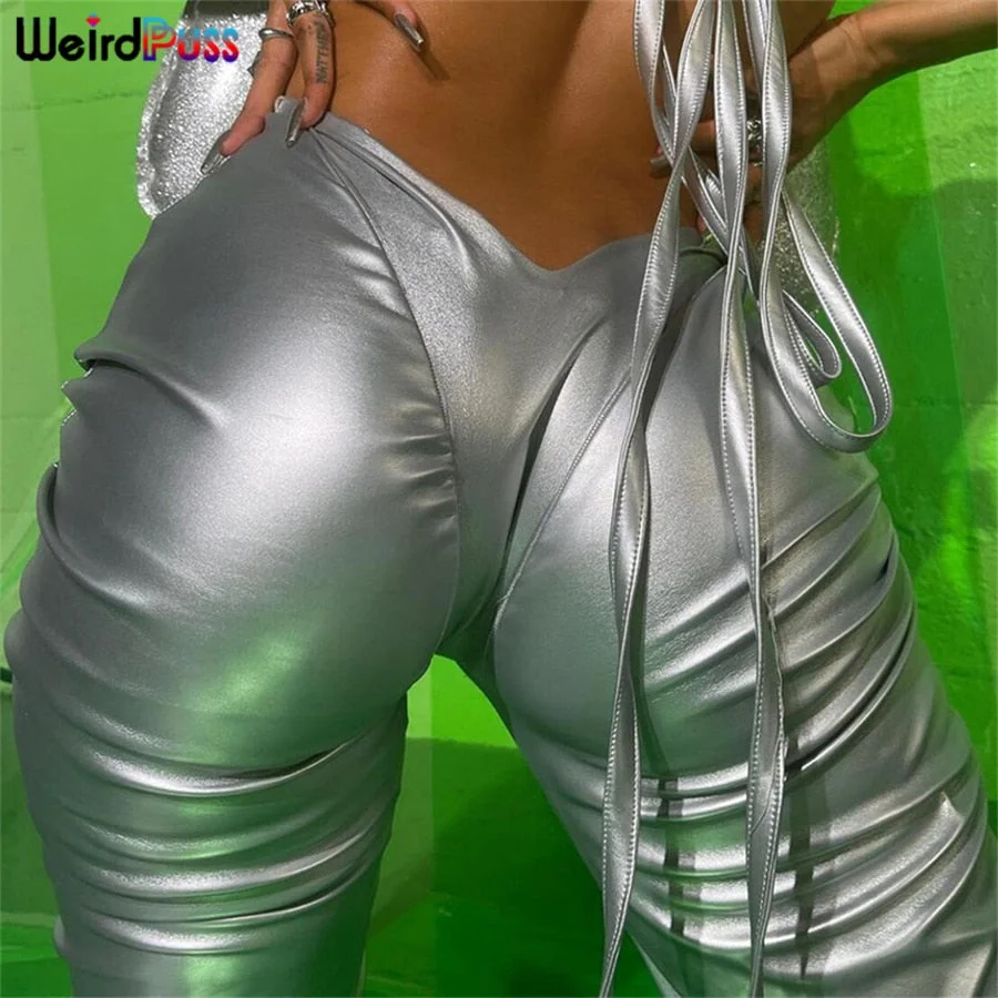 Weird Puss V-Shaped Low Waist Y2K Pants Women 2021 Fashion Stacked Faux Leather Trousers Casual Wild Hot Street Skinny Bottoms