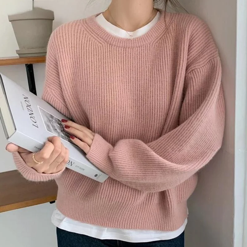 Bornladies Autumn Winter Warm Loose Full Sleeve Women Knitted Pullovers Casual Simple O-neck Female Solid Sweaters Jumpers
