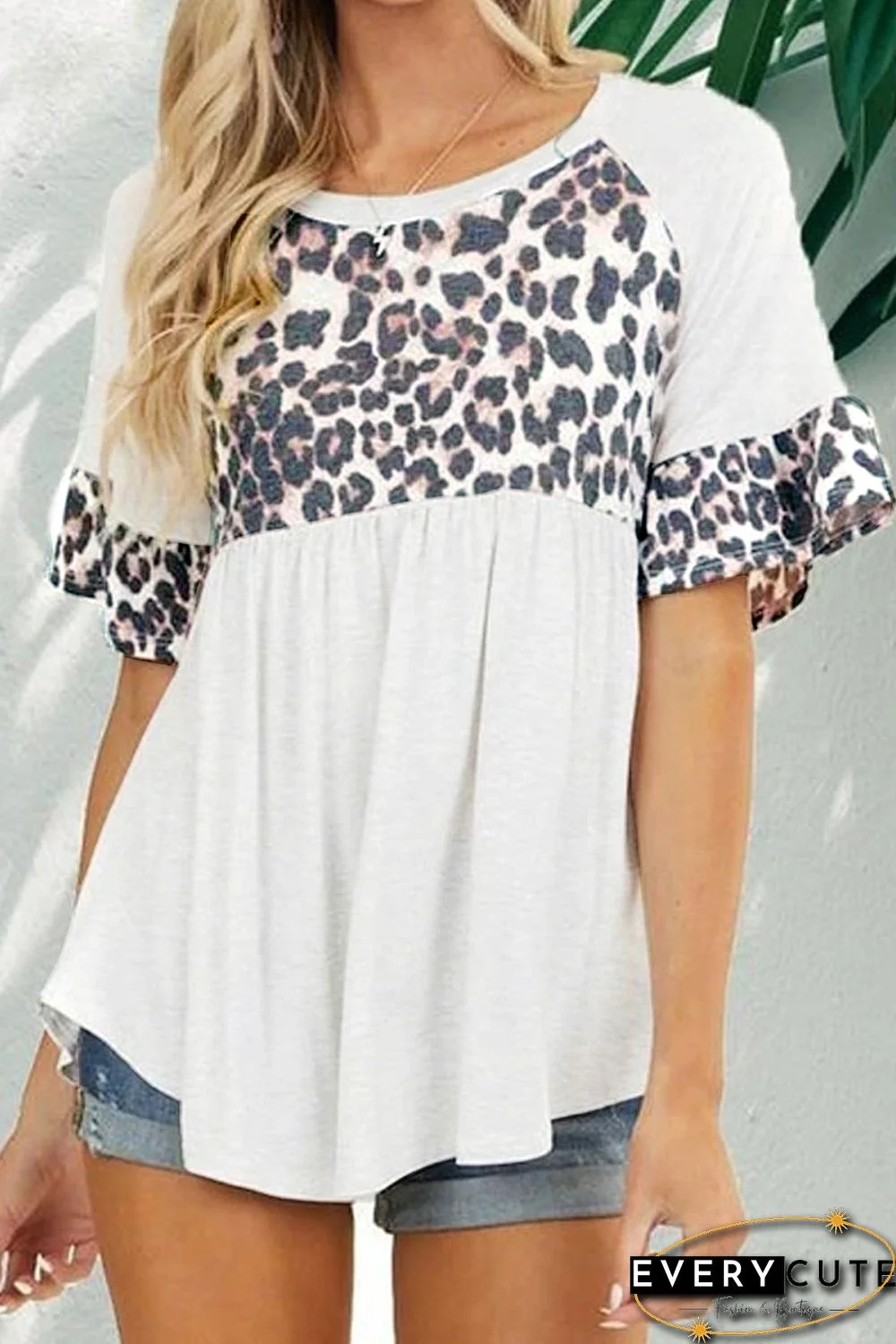White Leopard Stitching Pleated Casual Top