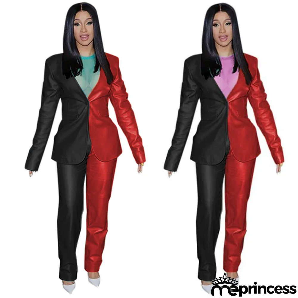 Fashion PU Soft Leather Suit Splicing Temperament Suit