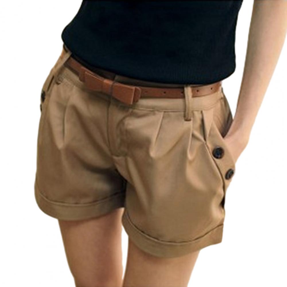 Karastik Women Summer Shorts Pocket Solid Color Straight Button Decor Above Knee Length High Waist Casual Women Short Pants Female
