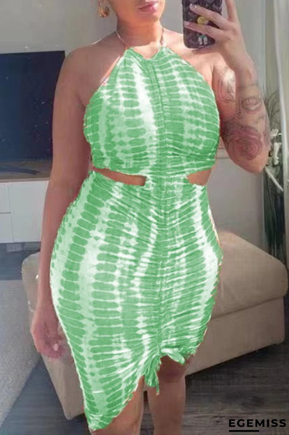 Green Sexy Casual Print Hollowed Out Backless O Neck Sleeveless Dress | EGEMISS