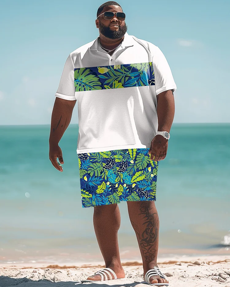 Men's Plus Size Hawaiian Floral Print Polo Shirt Shorts Suit