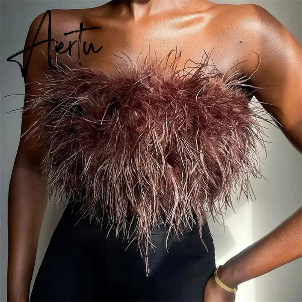 Fur Feather Strapless Tube Tops For Women Party Fashion Bustier Cute Top Y2k Club New Sexy Mini Fluffy Corset Top Aiertu