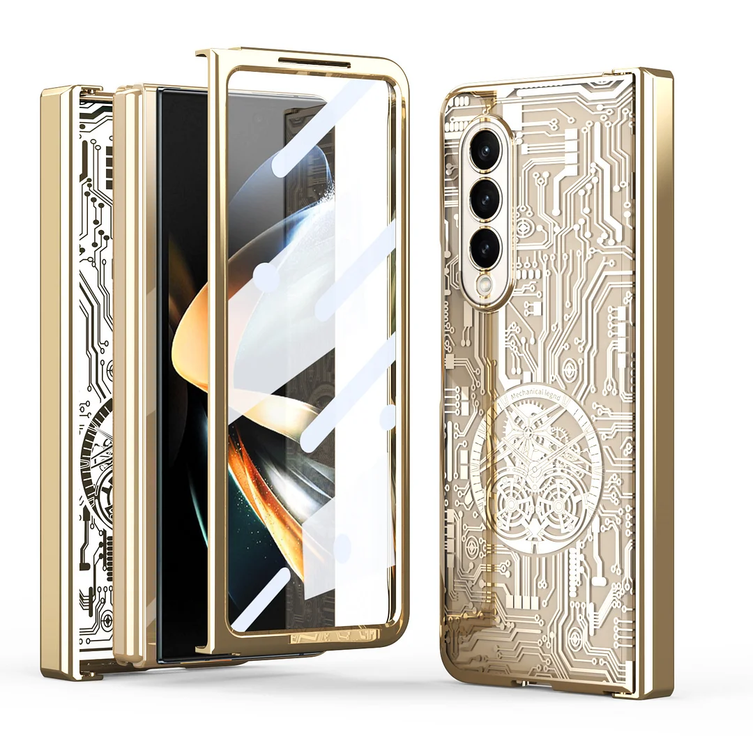 Luxury Electroplated Transparent Mechanical Gears Phone Case With Hinge And Screen Protector For Galaxy Z Fold3/Fold4/Fold5
