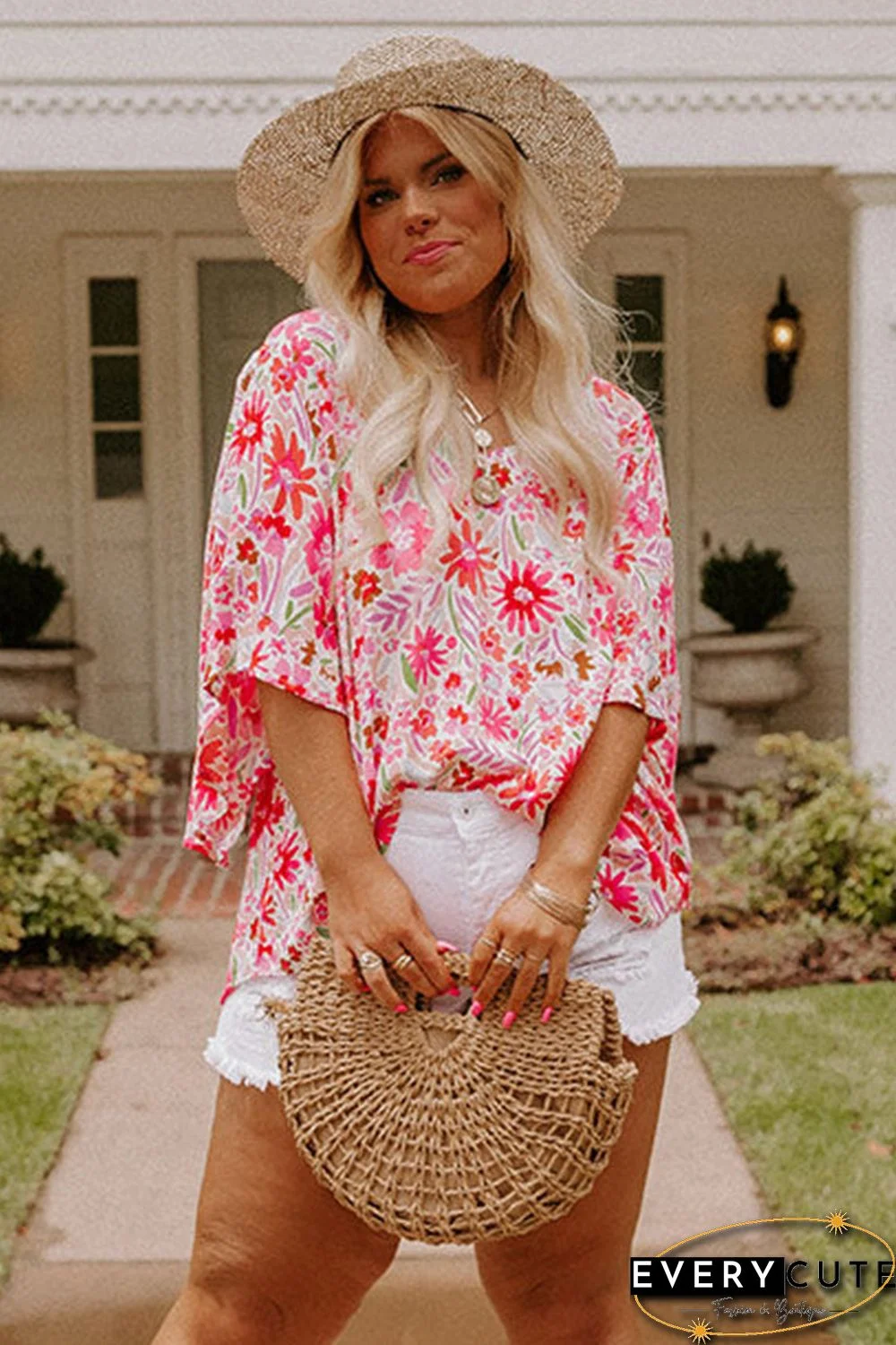 Pink Floral Ruffled Half Sleeve V-Neck Plus Size Blouse