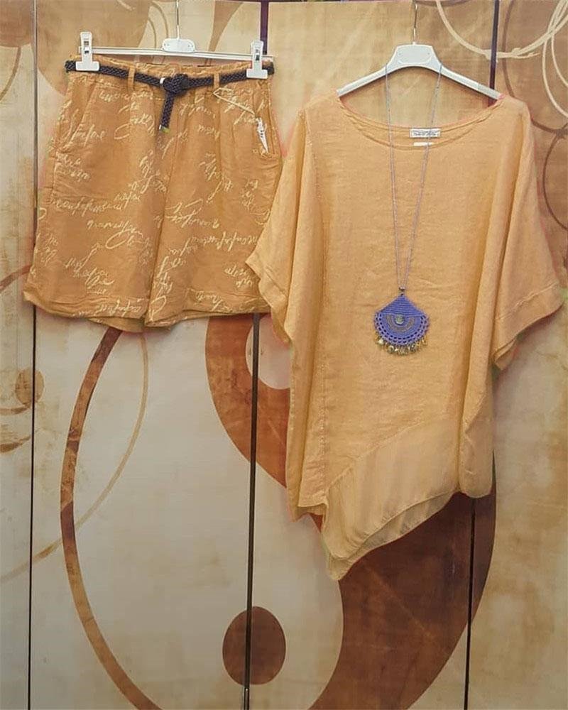 Summer Big Round Neck And Irregular Hem Short Sleeve Two-Piece Suit
