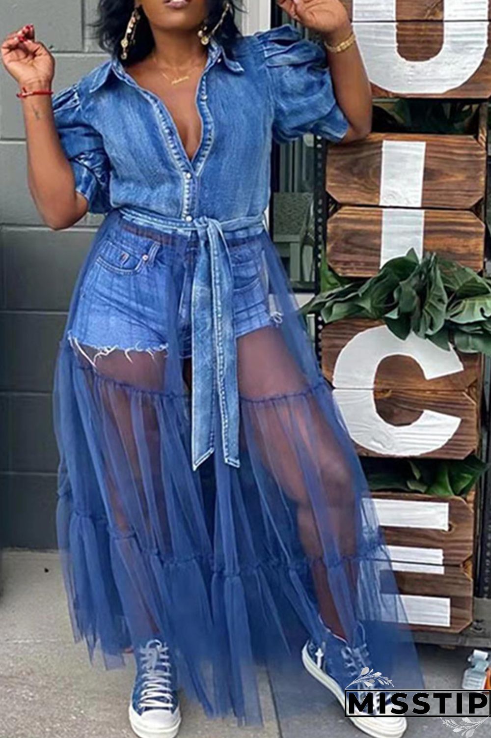 Deep Blue Fashion Casual Plus Size Patchwork Mesh Turndown Collar Short Sleeve Dress