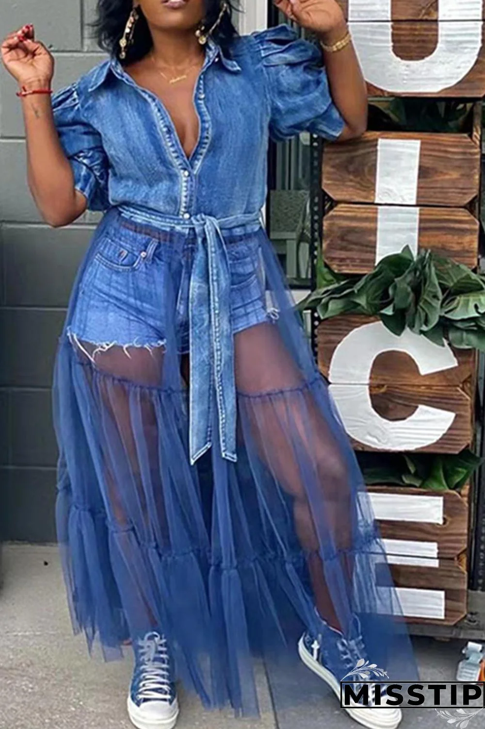 Deep Blue Fashion Casual Plus Size Patchwork Mesh Turndown Collar Short Sleeve Dress