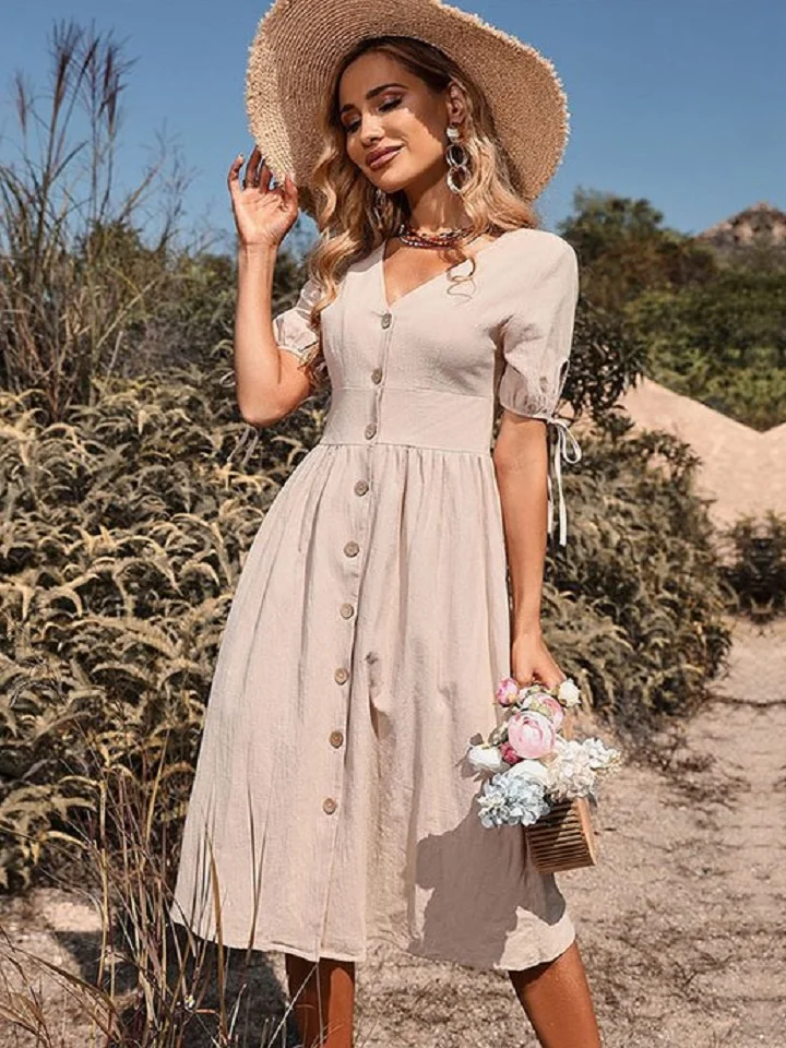 Cotton Button V-neck Dress | EGEMISS