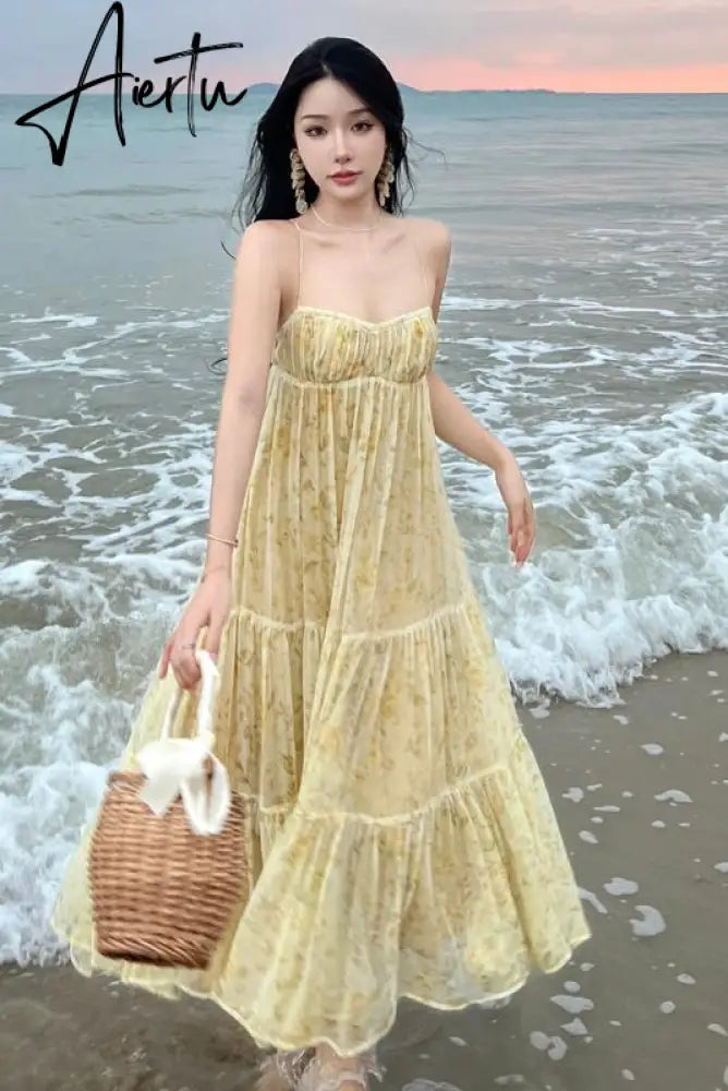 V Neck Tulle Print Sexy Evening Maxi Dresses For Women Party Slip Strap Backless Pleated Dress Club Beach Robe Femme Summer Aiertu