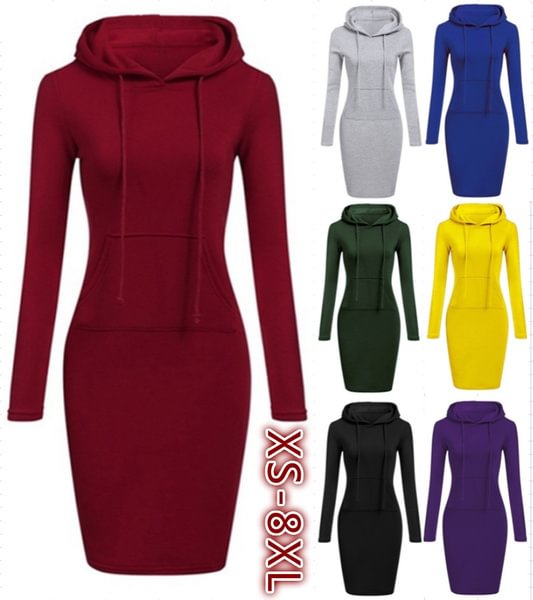 Fashion Sweatshirt Dresses for Women Pocket Hooded Casual Dress Solid Color Long Sleeve Mini Dress Kleid Plus Size XS-8XL - BlackFridayBuys
