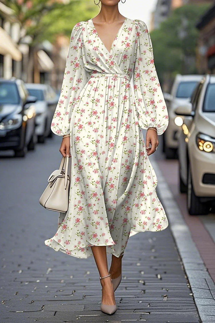 Elegant Floral Print Lantern Sleeve V-Neck A-Line Midi Chiffon Dress