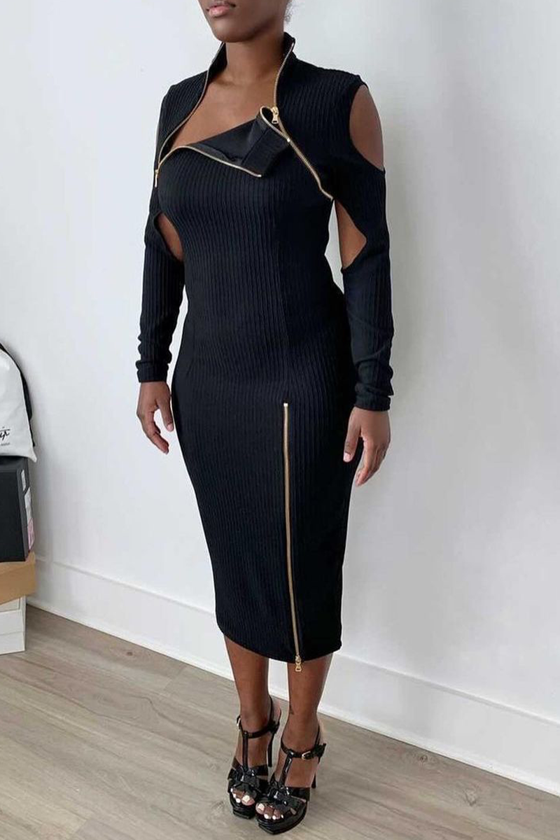Sexy Solid Hollowed Out Zipper Collar Pencil Skirt Dresses