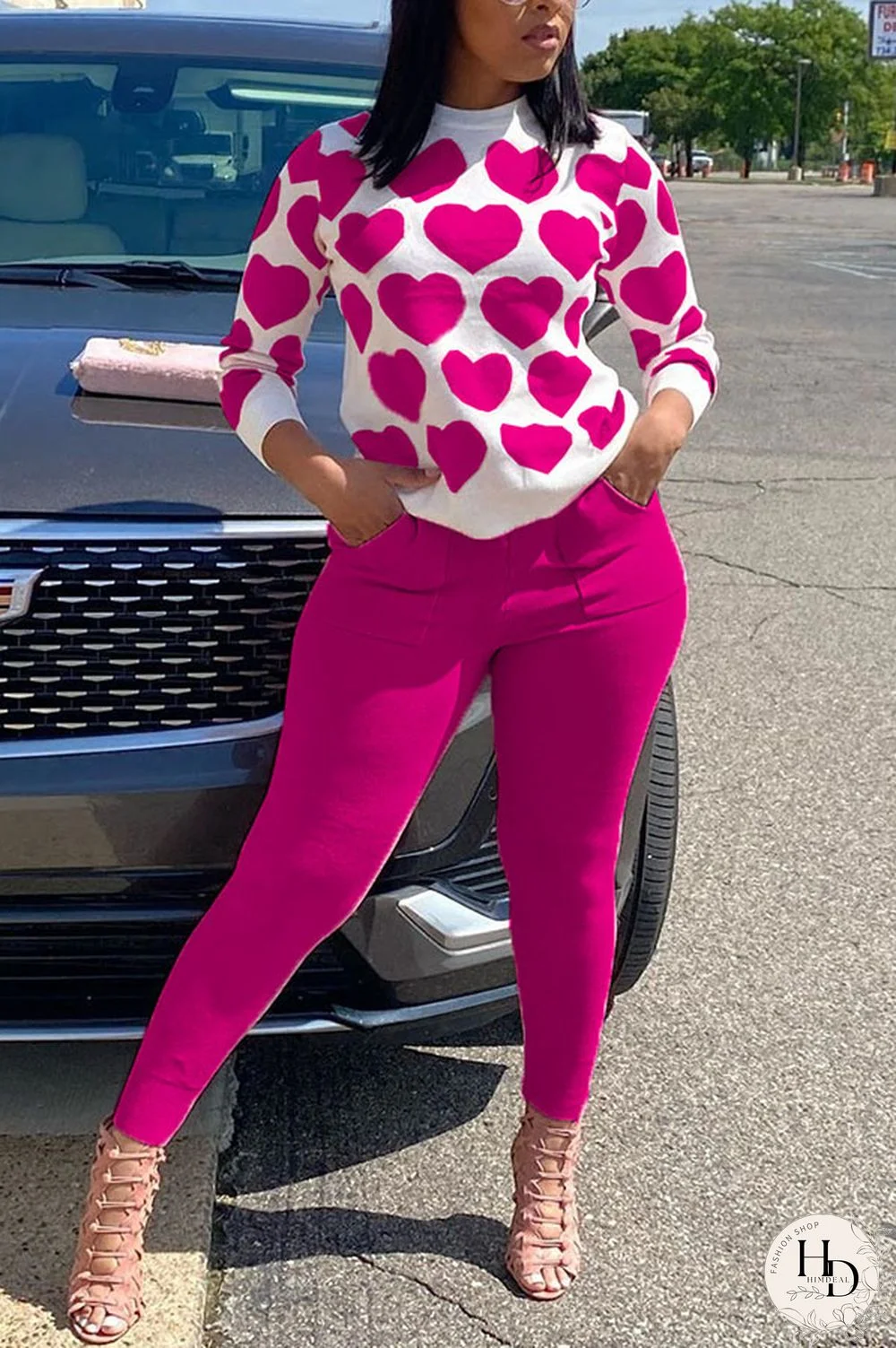 Blue Casual Daily Spandex Print Pocket Pullovers Pants Basic O Neck Long Sleeve Regular Sleeve Regular Two Pieces