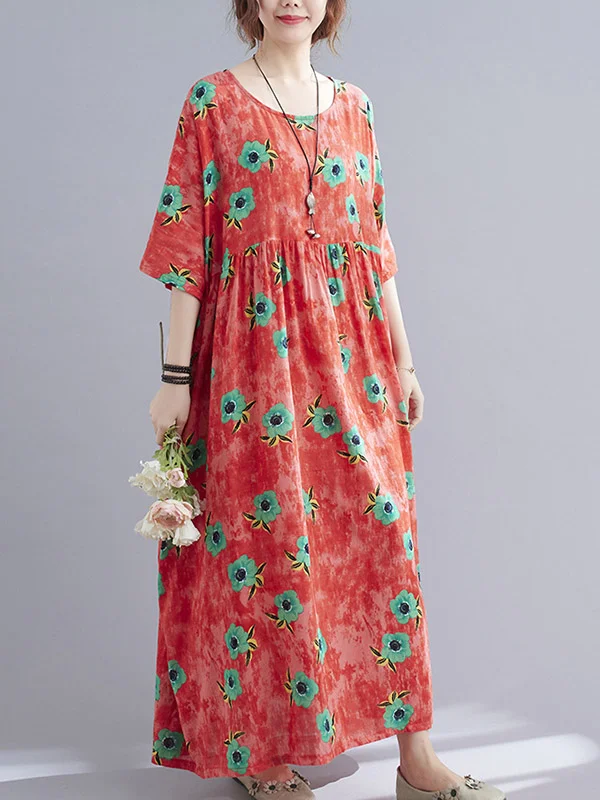 Original Floral Print Round-Neck Batwing Sleeves Midi Dress