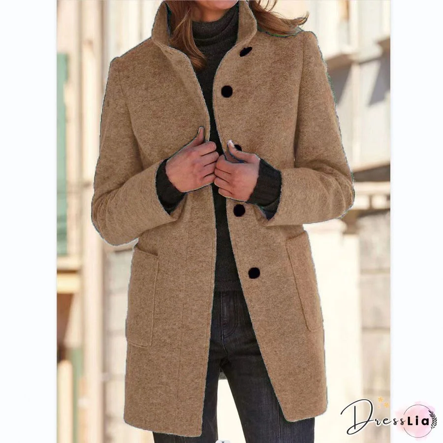 Women Casual Winter Solid Buttoned Mid-weight Daily Plus Size Crew Neck Cotton-Blend Jacket