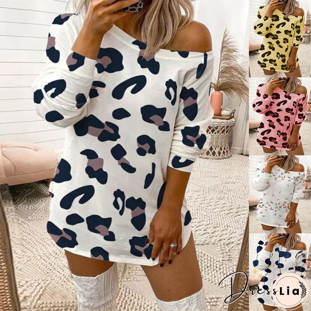 Sexy Leopard Print Off Shoulder Long Sleeve T-shirt Dress Women White Dresses
