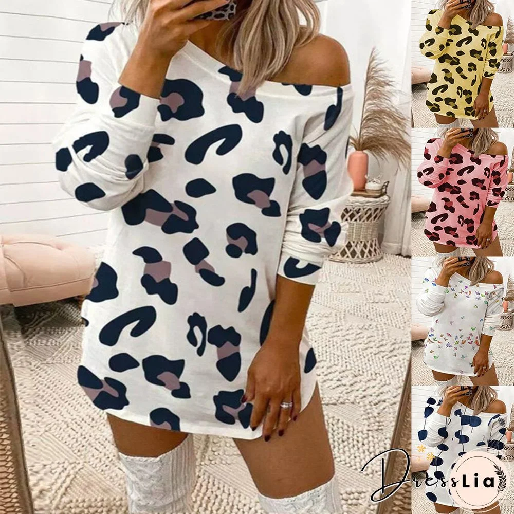 Sexy Leopard Print Off Shoulder Long Sleeve T-shirt Dress Women White Dresses