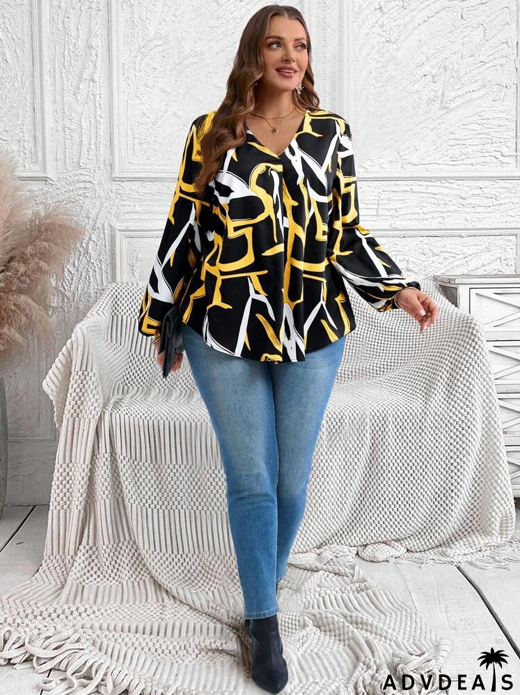 Plus Size Women's Asymmetrical Line Print V-Neck Lantern Sleeve Loose Casual Long Sleeve Blouse, Fall Clothes